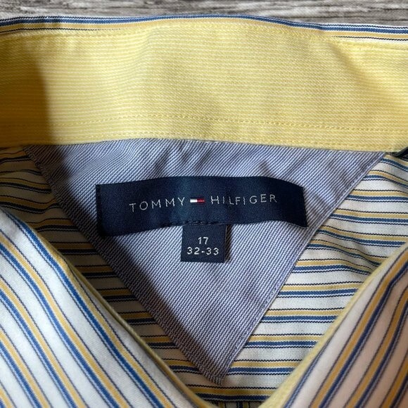 Tommy Hilfiger Mens Button Down Long Sleeve Shirt Yellow White Blue 17 32-33 - Picture 6 of 10